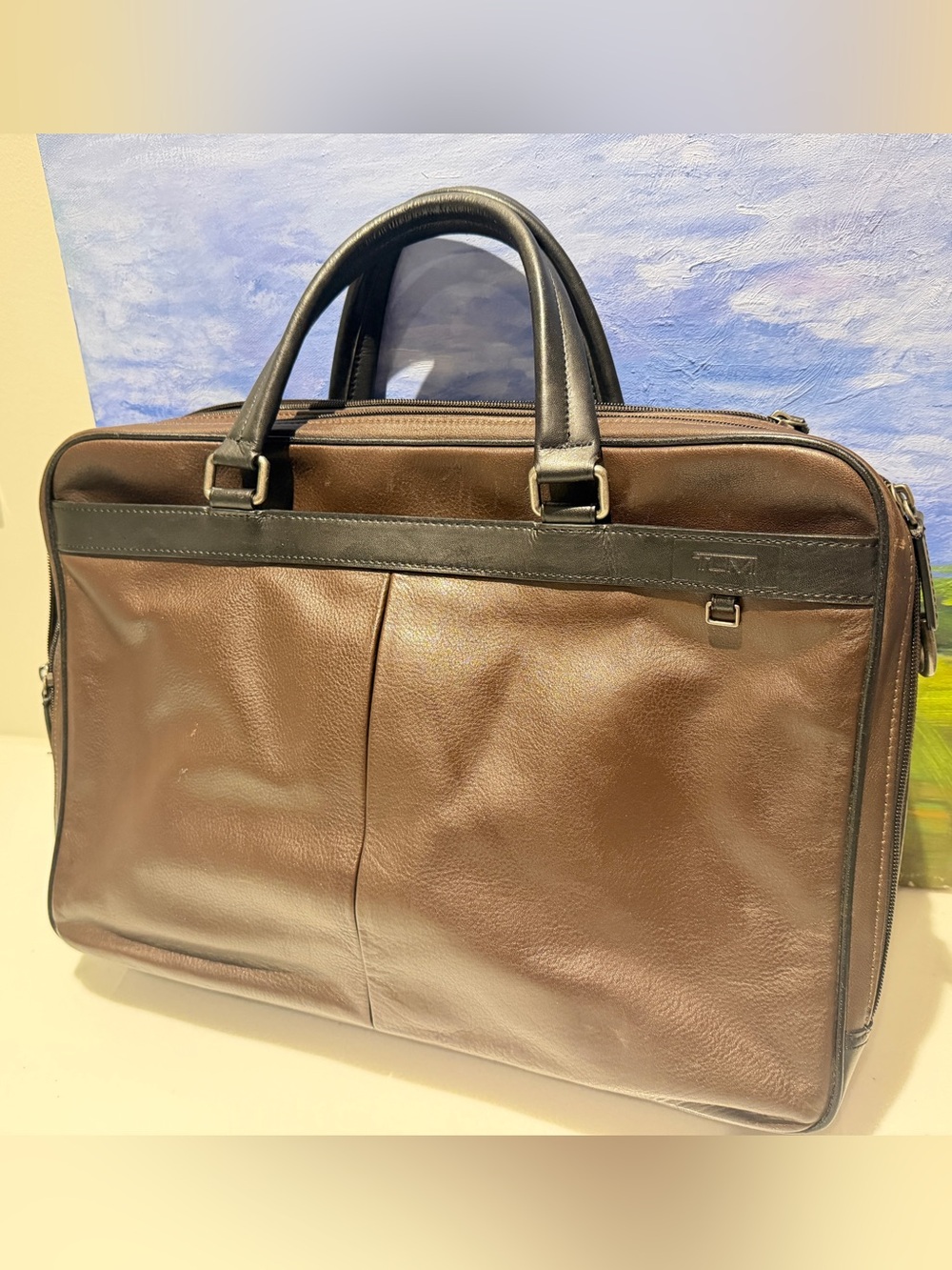 TUMI Berwick Brown Leather Double Zip Briefcase Laptop Bag